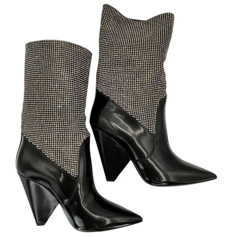 Saint Laurent Jazz Calf Swarovski Crystal Embellished Niki 105 Ankle Boots 39.5